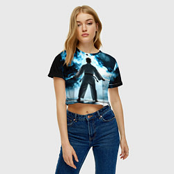 Футболка 3D укороченная женская Айкидоист в дыму, цвет: 3D-принт — фото 2