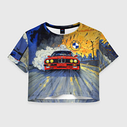 Футболка 3D укороченная женская Красная BMW на скорости, цвет: 3D-принт