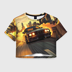 Футболка 3D укороченная женская БМВ на фоне заката, цвет: 3D-принт