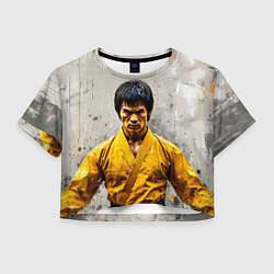 Футболка 3D укороченная женская Брюс Ли на сером, цвет: 3D-принт