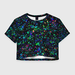 Футболка 3D укороченная женская Чёрный с брызгами сине-зелёными абстракция, цвет: 3D-принт