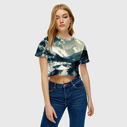 Футболка 3D укороченная женская Река и горы снежные пейзаж, цвет: 3D-принт — фото 2
