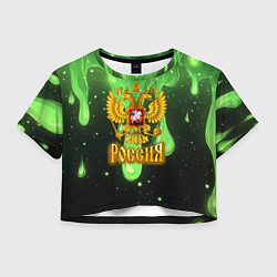 Футболка 3D укороченная женская Герб России - неоновый фон, цвет: 3D-принт