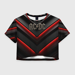 Футболка 3D укороченная женская ACDC лого из металла на черно-красной текстуре, цвет: 3D-принт