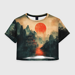 Футболка 3D укороченная женская Старый Японский монастырь, цвет: 3D-принт