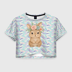 Футболка 3D укороченная женская Зайчик с венком из цветов на голове, цвет: 3D-принт