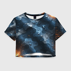 Футболка 3D укороченная женская Синий камуфляж с каплями, цвет: 3D-принт