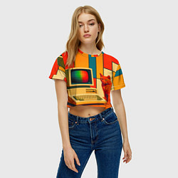 Футболка 3D укороченная женская Кот и винтажный компьютер ретрофутуризм поп-арт 19, цвет: 3D-принт — фото 2