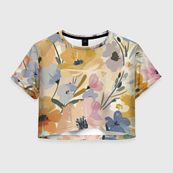 Футболка 3D укороченная женская Цветы акварель, цвет: 3D-принт