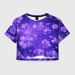 Футболка 3D укороченная женская Цветочный индиго с искрами, цвет: 3D-принт