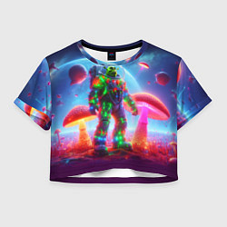 Футболка 3D укороченная женская Неоновый космонавт Шрек на планете гигантских мухо, цвет: 3D-принт