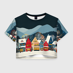 Футболка 3D укороченная женская Новогодний городок в горах, цвет: 3D-принт