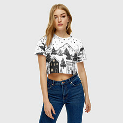 Футболка 3D укороченная женская Заснеженный черно-белый город, цвет: 3D-принт — фото 2