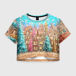 Футболка 3D укороченная женская Новогодний город в блестках, цвет: 3D-принт
