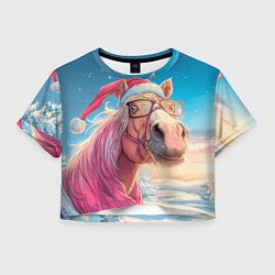 Футболка 3D укороченная женская Новогодняя лошадь в очках, цвет: 3D-принт