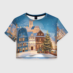 Футболка 3D укороченная женская Новогодний дворик и елка, цвет: 3D-принт