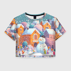Футболка 3D укороченная женская Дети во дворе лепят снеговика, цвет: 3D-принт