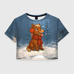 Футболка 3D укороченная женская Лошадка ловит снежинку, цвет: 3D-принт