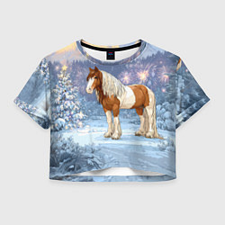 Футболка 3D укороченная женская Новогодняя лошадка в лесу, цвет: 3D-принт