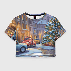 Футболка 3D укороченная женская Новогодний снежный двор, цвет: 3D-принт