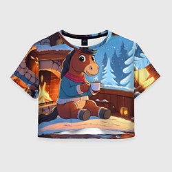 Футболка 3D укороченная женская Лошадка у камина, цвет: 3D-принт