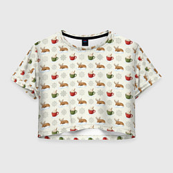 Футболка 3D укороченная женская Зимний паттерн с оленем и чашками какао, цвет: 3D-принт