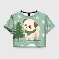 Футболка 3D укороченная женская Новогодний песик с елочкой, цвет: 3D-принт