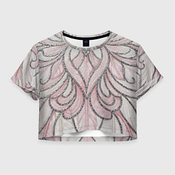 Футболка 3D укороченная женская Нежно розовый орнамент из перьев, цвет: 3D-принт