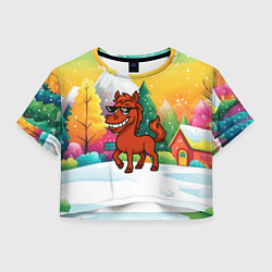 Футболка 3D укороченная женская Красная лошадка в очках подмигивает 2026, цвет: 3D-принт