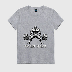 Футболка хлопковая женская Train hard тренируйся усердно, цвет: меланж