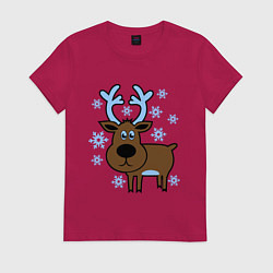 Футболка хлопковая женская Олень и снежинки, цвет: маджента