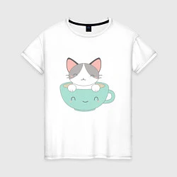 Футболка хлопковая женская Чайный котик, цвет: белый
