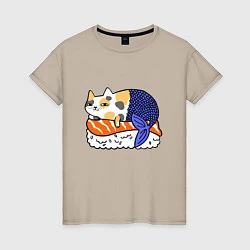 Футболка хлопковая женская Sushi Cat, цвет: миндальный