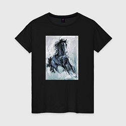 Футболка хлопковая женская Лошадь арт, цвет: черный