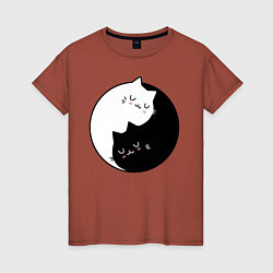 Футболка хлопковая женская Yin and Yang cats, цвет: кирпичный