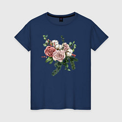 Футболка хлопковая женская Букет роз, цвет: тёмно-синий