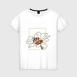 Футболка хлопковая женская Пчела и ромашка, цвет: белый