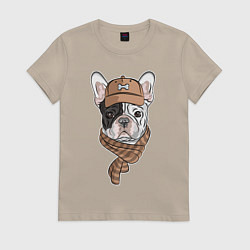 Футболка хлопковая женская ФРАНЦУЗСКИЙ БУЛЬДОГ В ШАПКЕ, цвет: миндальный