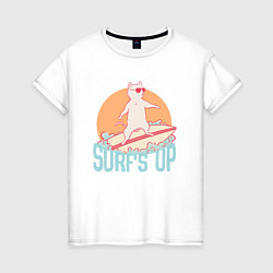 Женская футболка Surfs Up Кот сёрфер на гребне волны