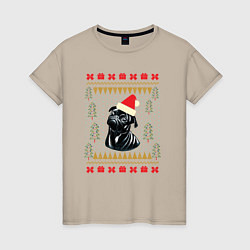 Футболка хлопковая женская Рождественский свитер Черный мопс, цвет: миндальный