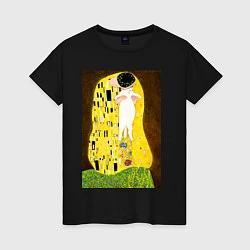 Футболка хлопковая женская Густав Климт влюблённые поцелуй с котом, цвет: черный