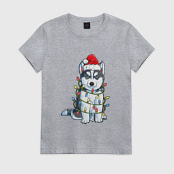 Женская футболка НОВОГОДНИЙ ХАСКИ В ГИРЛЯНДЕ