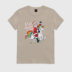 Футболка хлопковая женская Winter dreams Magic Santa, цвет: миндальный