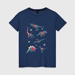 Футболка хлопковая женская Динозавры и новый год, цвет: тёмно-синий
