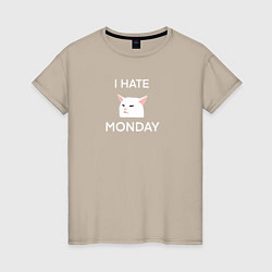 Футболка хлопковая женская I hate monday текст с котом, цвет: миндальный