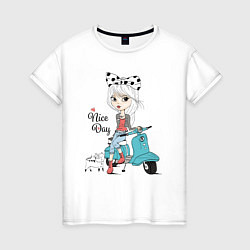 Женская футболка Девчонка на скутере с котом