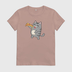 Футболка хлопковая женская Кот с кусочком пиццы, цвет: пыльно-розовый