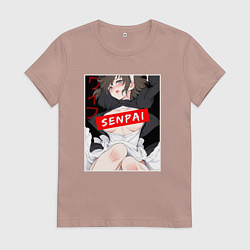 Футболка хлопковая женская Девушка и надпись Senpai Ahegao, цвет: пыльно-розовый