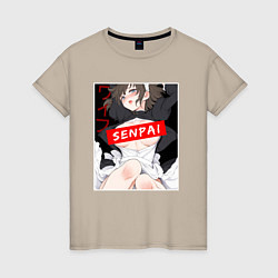 Футболка хлопковая женская Девушка и надпись Senpai Ahegao, цвет: миндальный