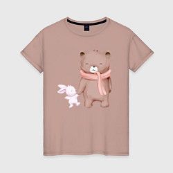 Футболка хлопковая женская Милый Медвежонок И Крольчонок, цвет: пыльно-розовый